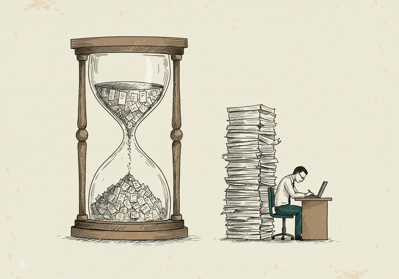 An hourglass whose sand is paper pages, beside a lone consultant dwarfed by a towering stack of decks.