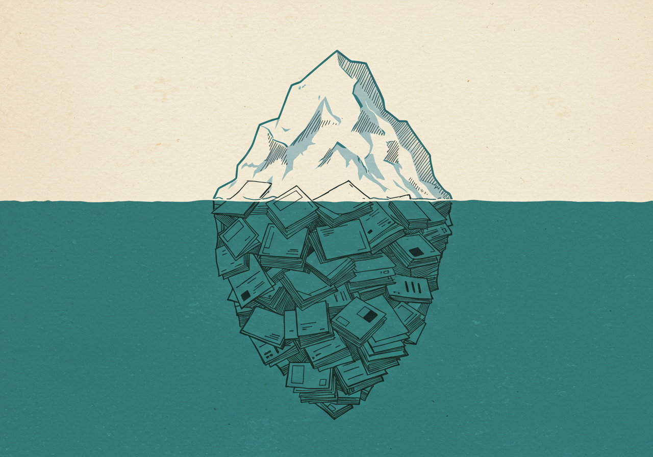 An iceberg of stacked documents — only its tip visible above the waterline, a vast mass submerged below.