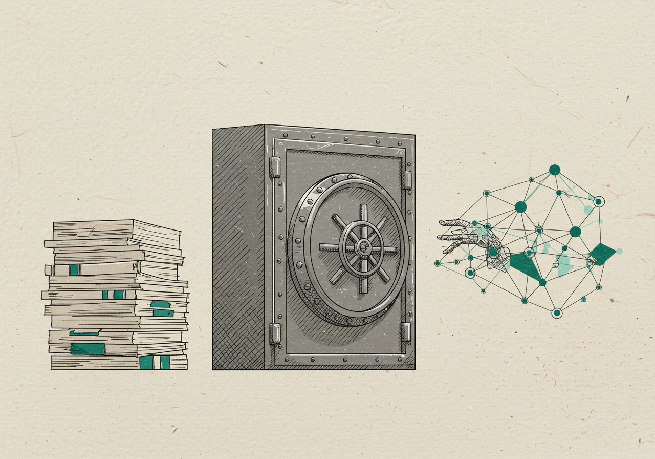 A padlocked vault standing between a stack of consulting documents and an AI network reaching toward them.