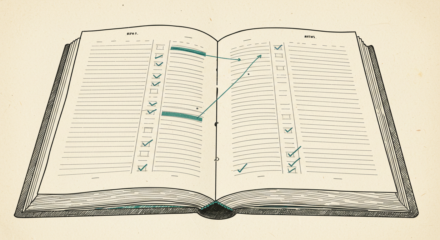 An open ledger with each redaction joined by a line to a margin annotation and a checkmark.