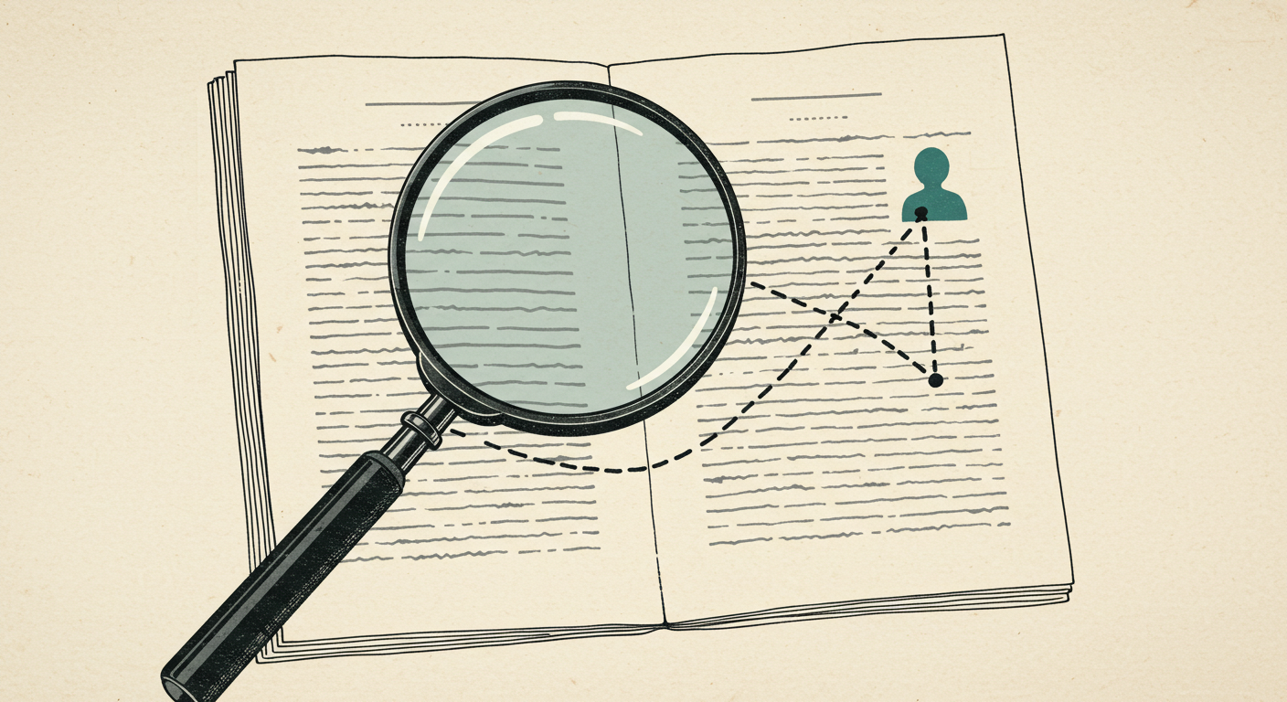 A magnifying glass over a page, tracing a line from an indirect clue to a hidden human silhouette.